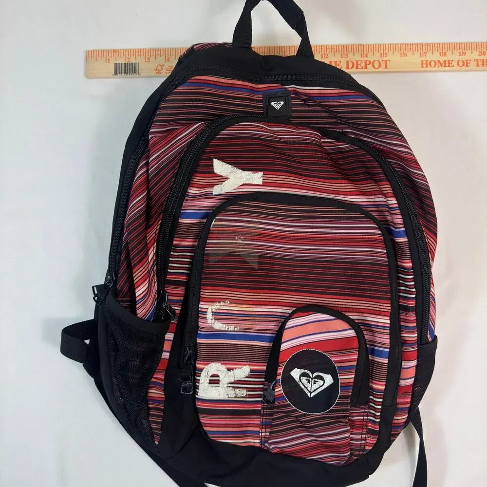 Y2K Roxy Womens Red Black Striped Backpack Multicolor School Travel Laptop Bag